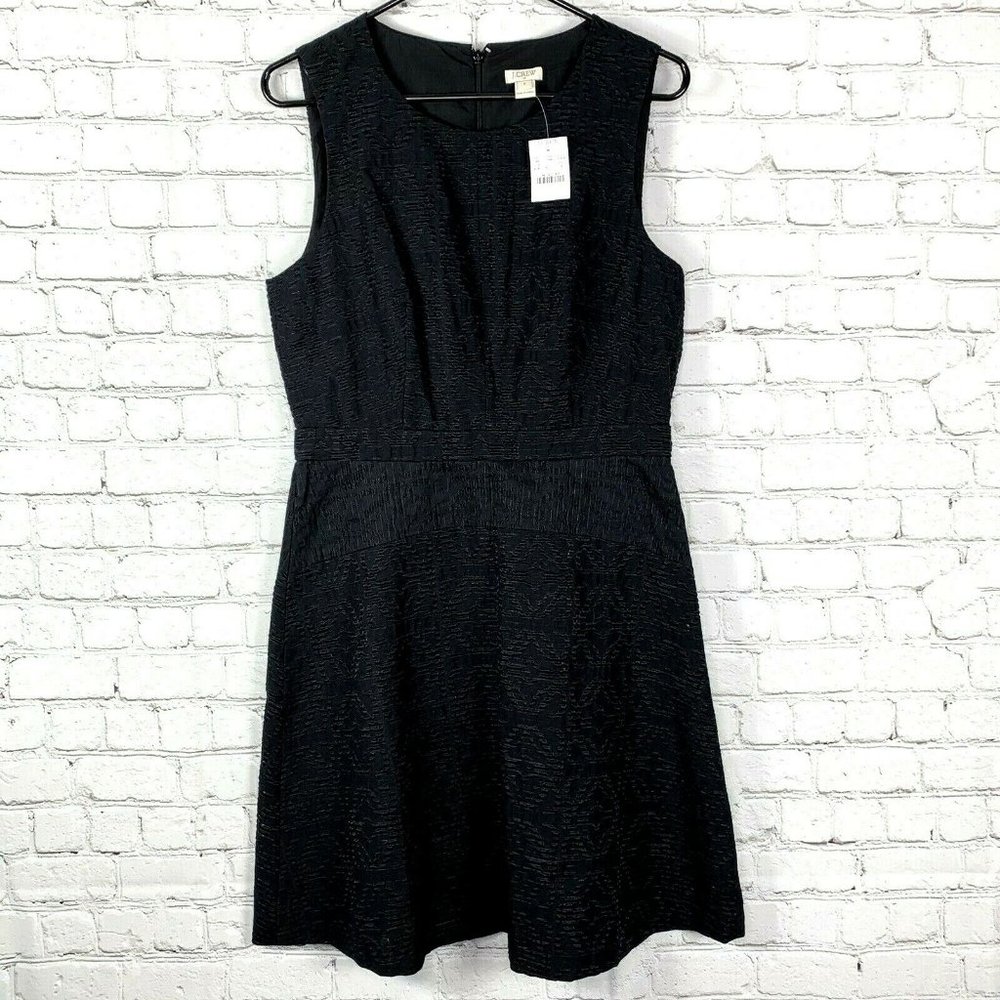 J Crew Factory Fit Flare Dress Jacquard Eyelet 8 Black A Line Sleeveless Zip NWT